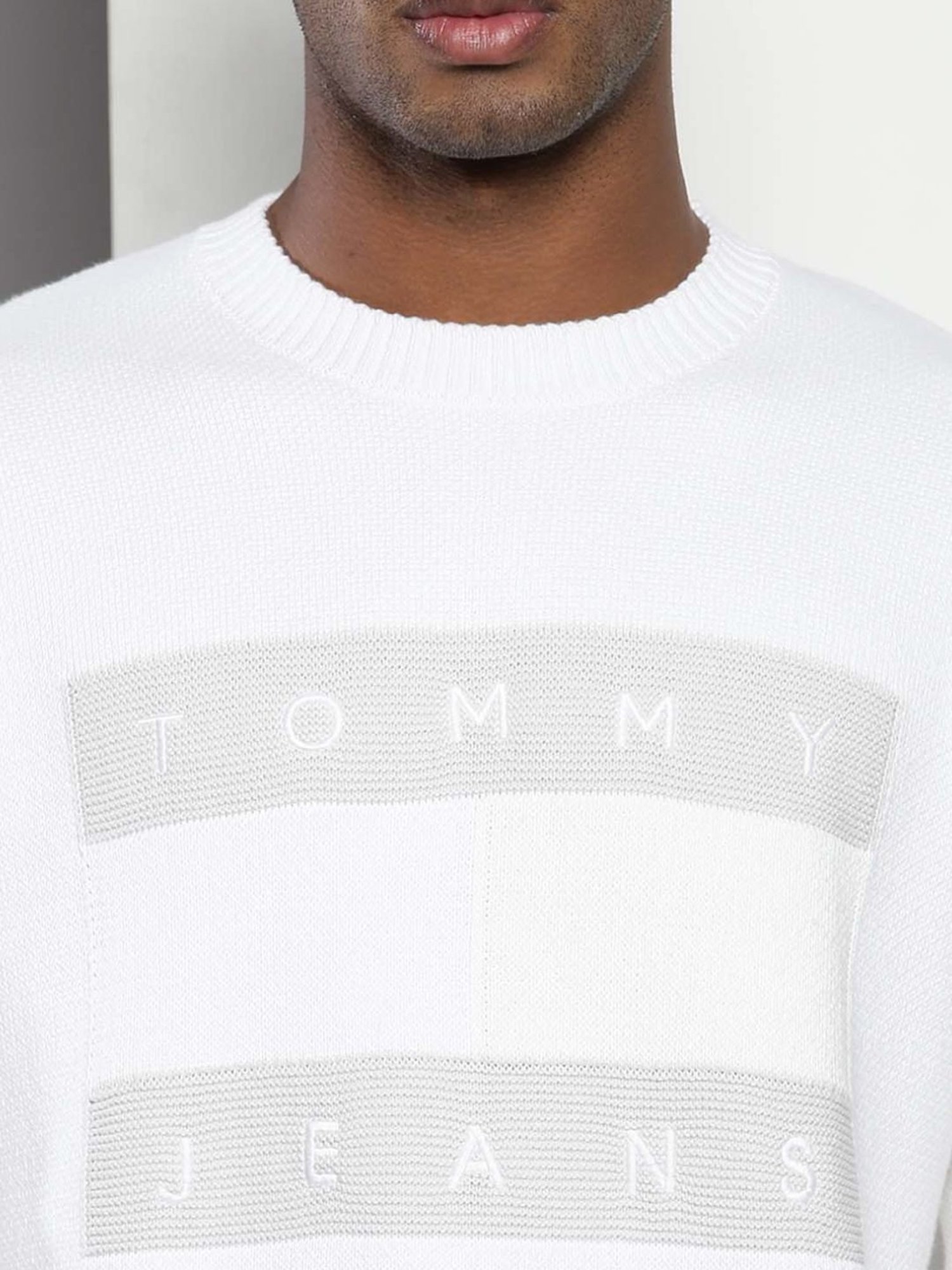 Tommy Hilfiger White Cotton Relaxed Fit Printed Sweater