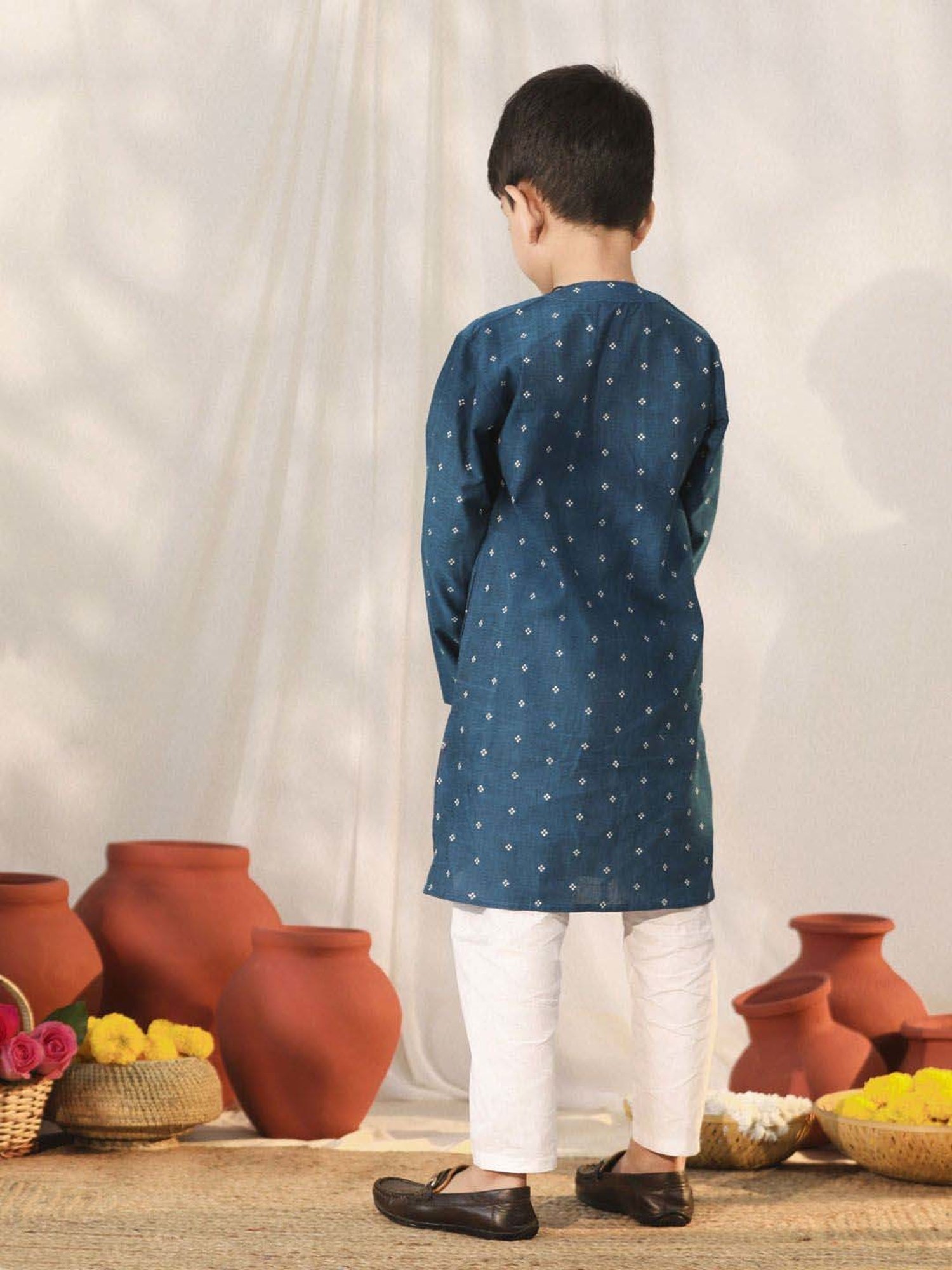 VASTRAMAY Boys Turquoise Cotton Self Full Sleeves Kurta Sets