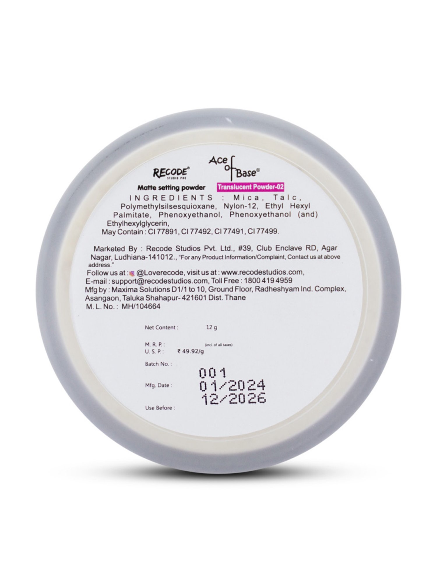 Recode Ace of Base Matte Setting Translucent Powder - 12 gm