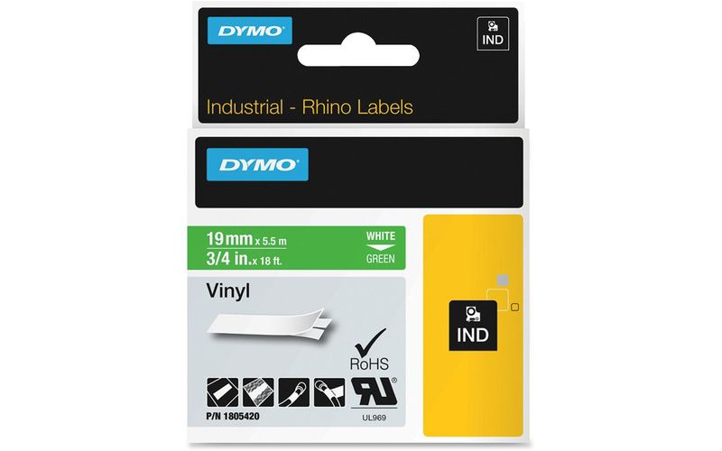 Dymo Colored 3/4" Vinyl Label Tape - Permanent Adhesive - 3/4" Width x 18 ft Length - Thermal Transfer - White, Green - Vinyl - 1 Each