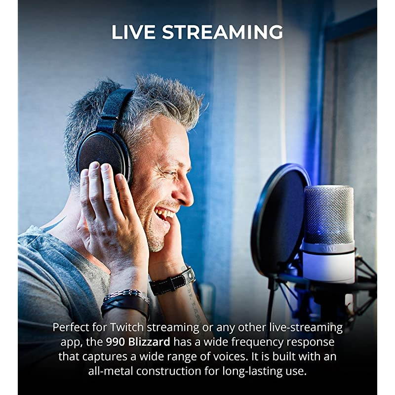 MXL 990 Blizzard Condenser Microphone with Blue LED Lights Bundle with  10-FT Balanced XLR Cable, Pop Filter Windscreen, and 5-Pack of Reusable Cable Ties