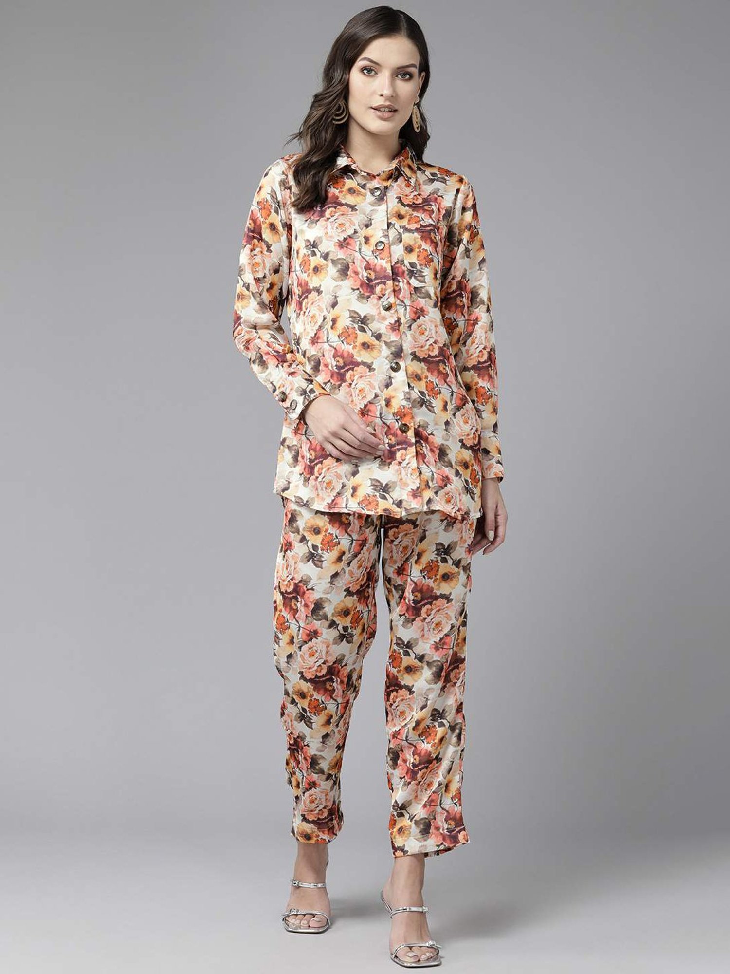 Aarika Beige Floral Print Shirt Pant Set