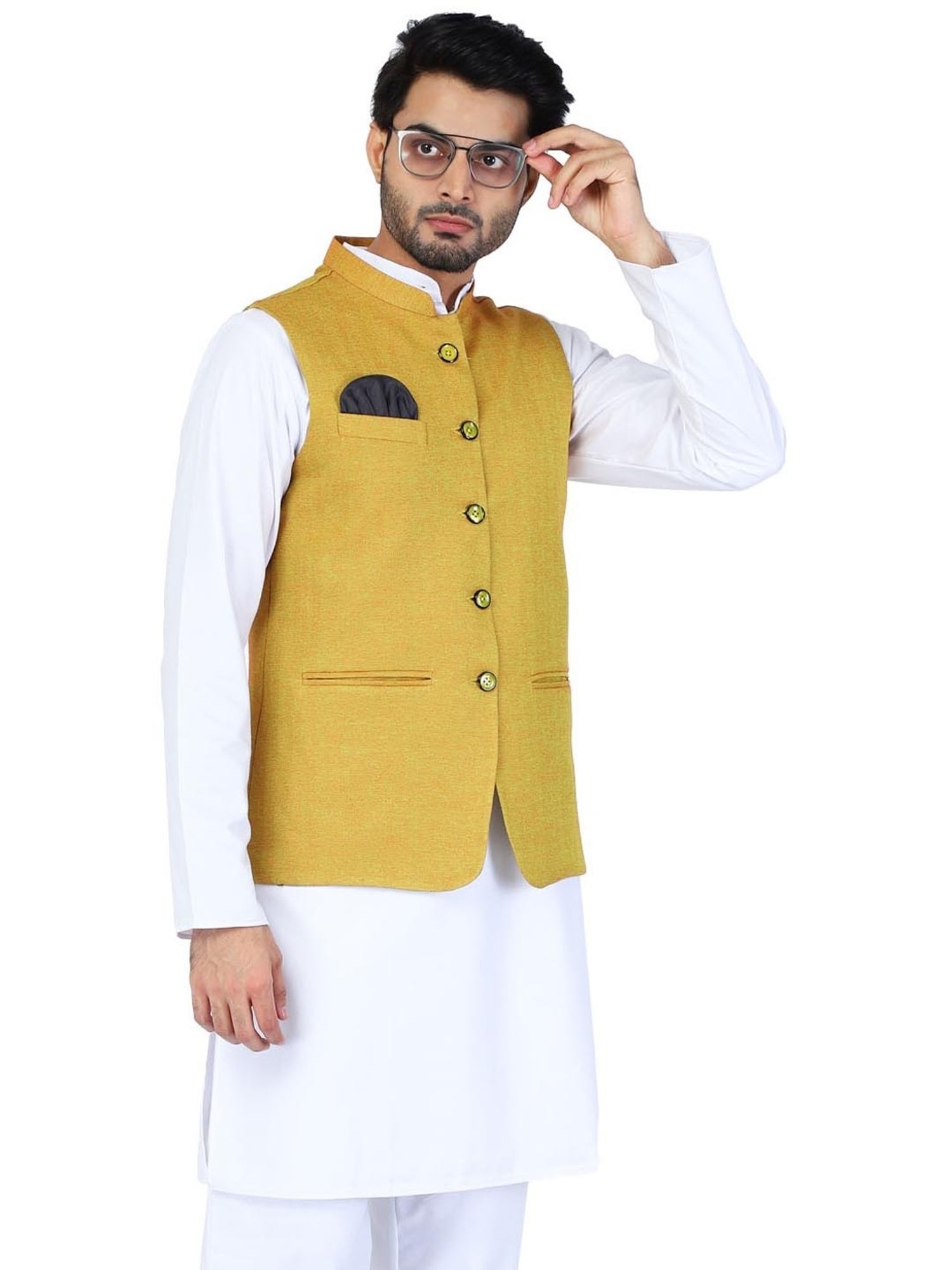 TAHVO Yellow Cotton Slim Fit Nehru Jacket