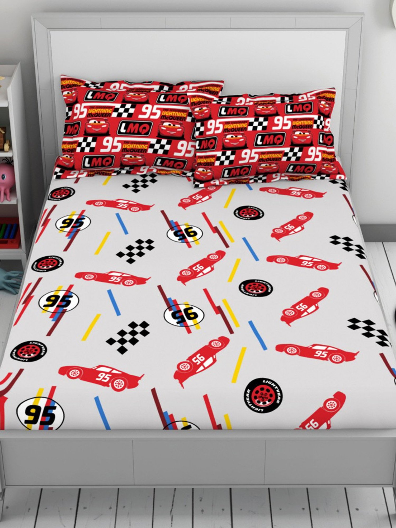 Welspun Disney Car Printed Grey 144 TC Cotton Double Bedsheet With 2 Pillow Covers