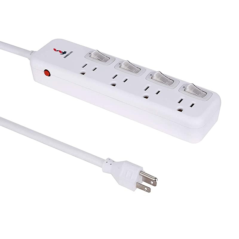 Protector Power Strip 6 ft Long Extension Cord 4 Independent switches 125V15A Hanging Hole SGS CertificationWhite