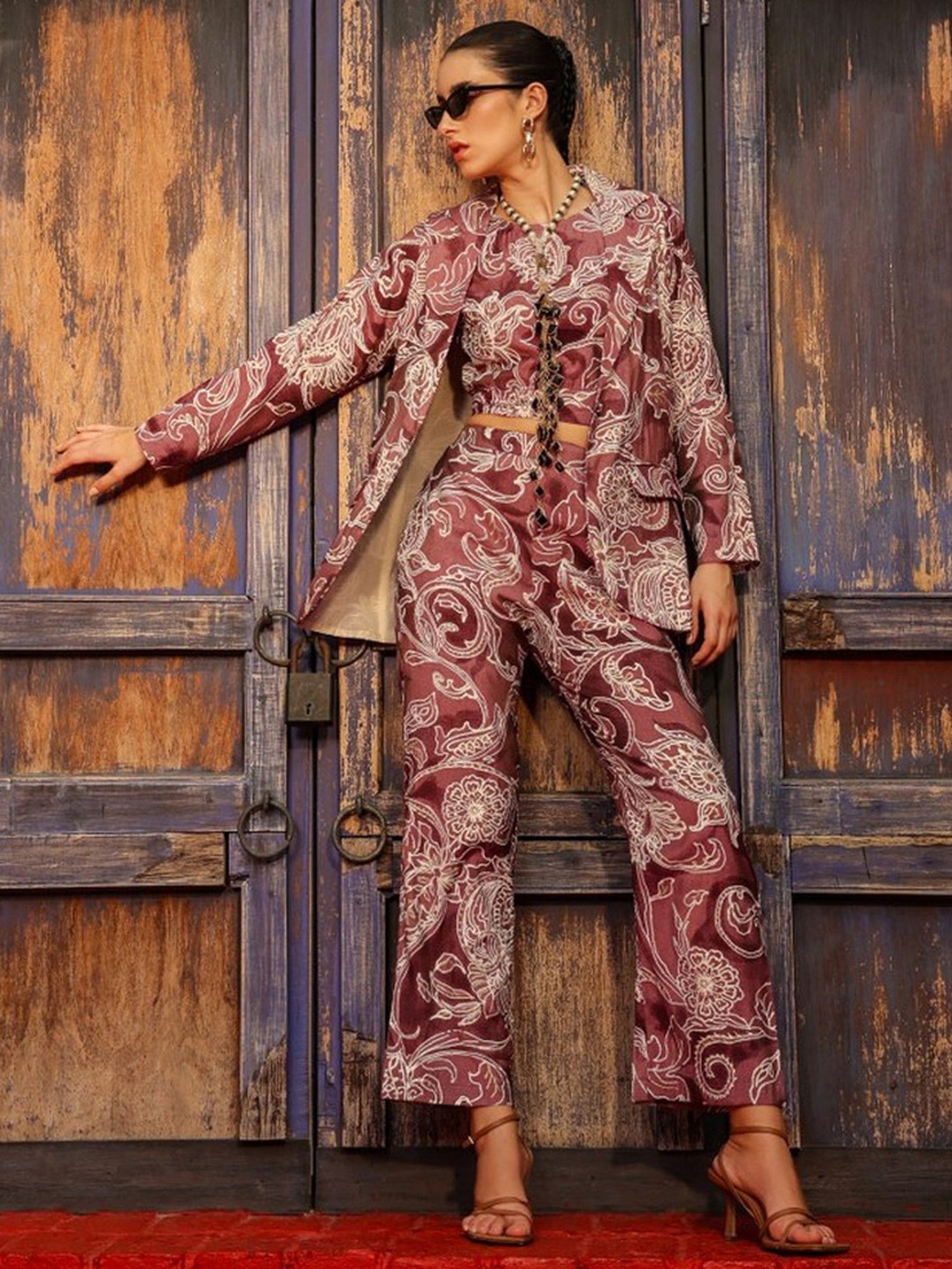 Zolo Label Purple Printed Top Pant Set With Blazer