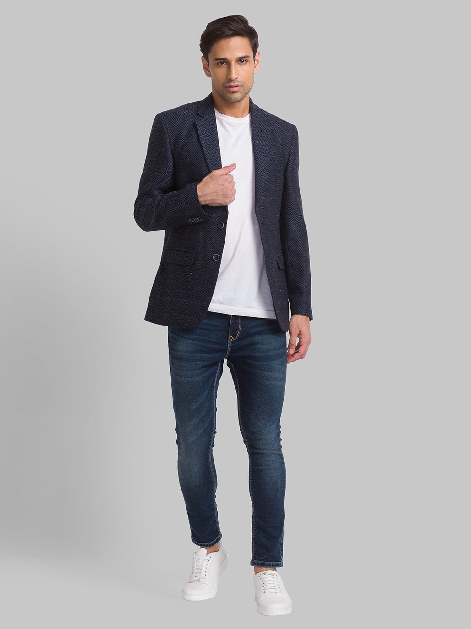 Park Avenue Dark Blue Regular Fit Herringbone Blazer