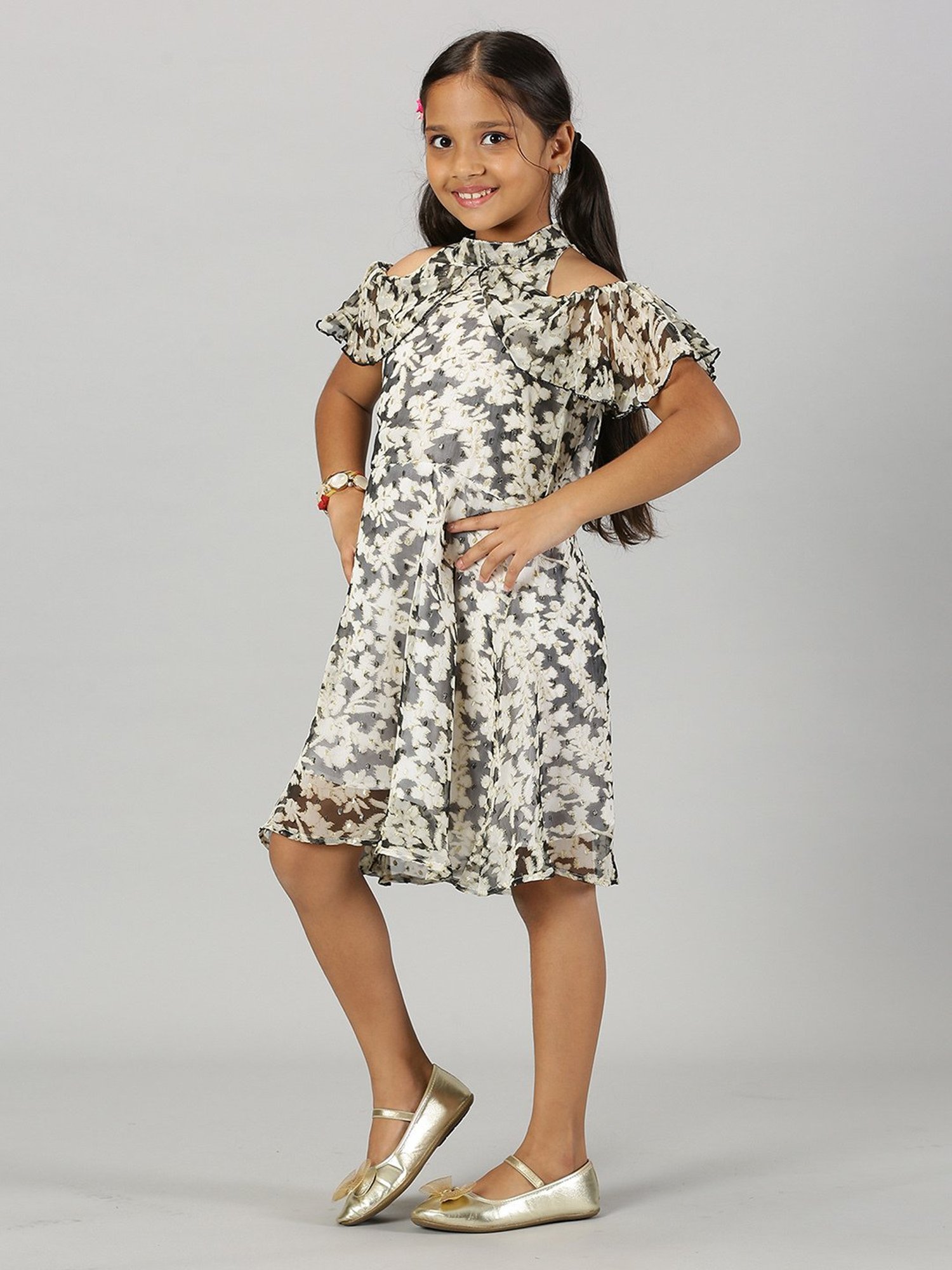 Kiddopanti Kids Black & Off White Printed Dress