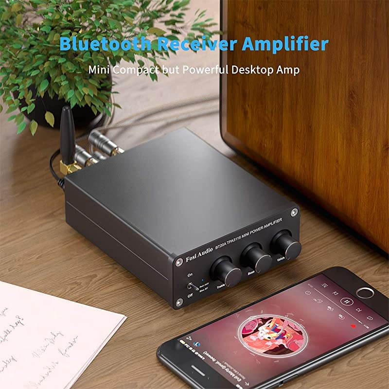 Bluetooth 5.0 Stereo Audio 2 Channel Amplifier Receiver Mini Hi-Fi Class D Integrated Amp 2.0 CH for Home Speakers 100W x 2 with Bass and Treble Control TPA3116 (with Power Supply)