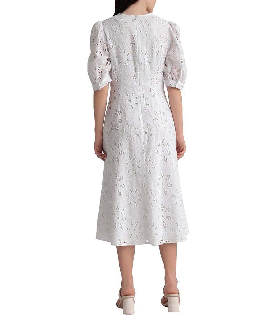 Maggy London Eyelet Short Puff Sleeve Midi Dress