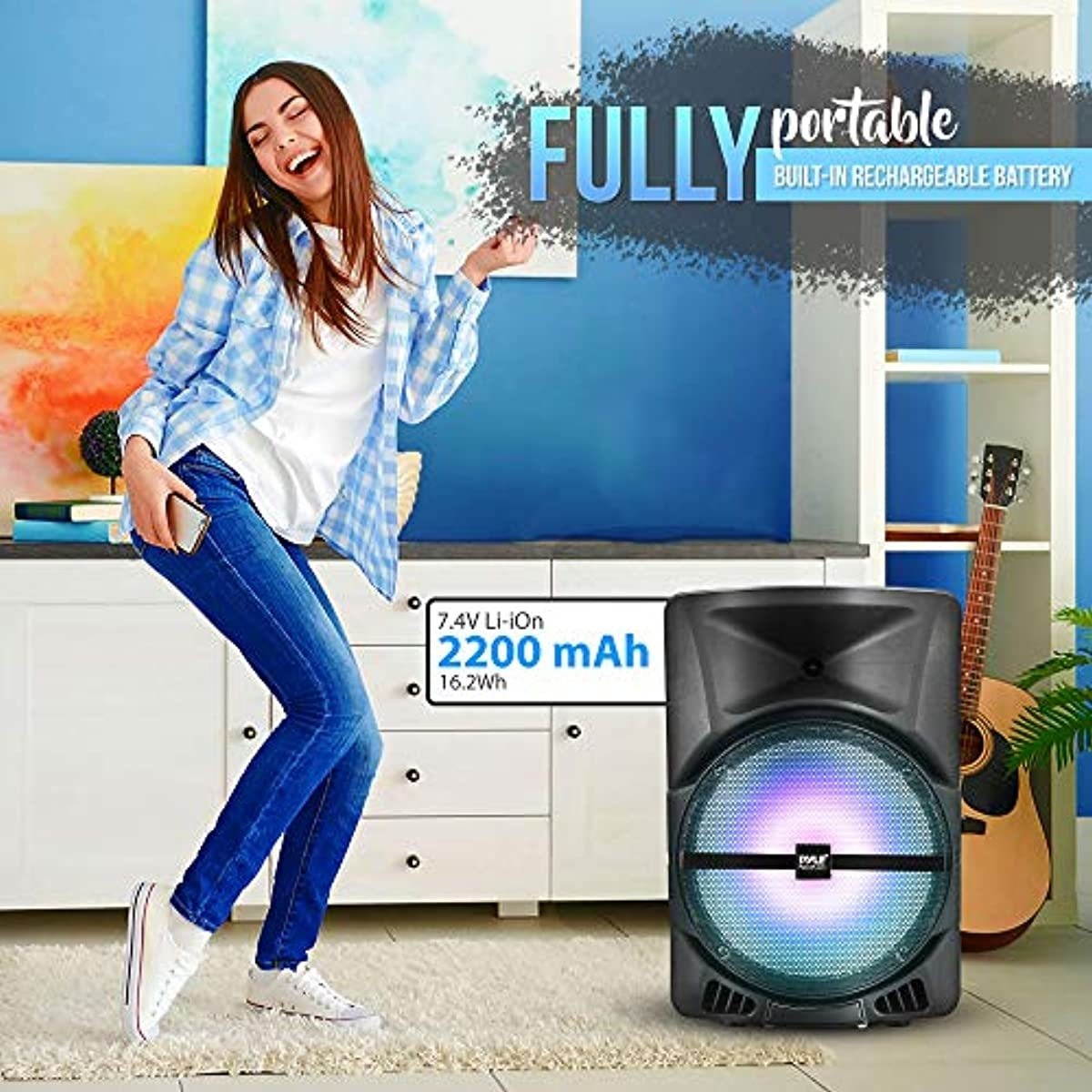 Pyle Wireless Portable PA Speaker System - 800W High Powered Bluetooth Compatible Indoor & Outdoor DJ Sound Stereo Loudspeaker w/USB SD MP3 AUX 3.5mm Input, Flashing Party Light & FM Radio-PPHP1244B