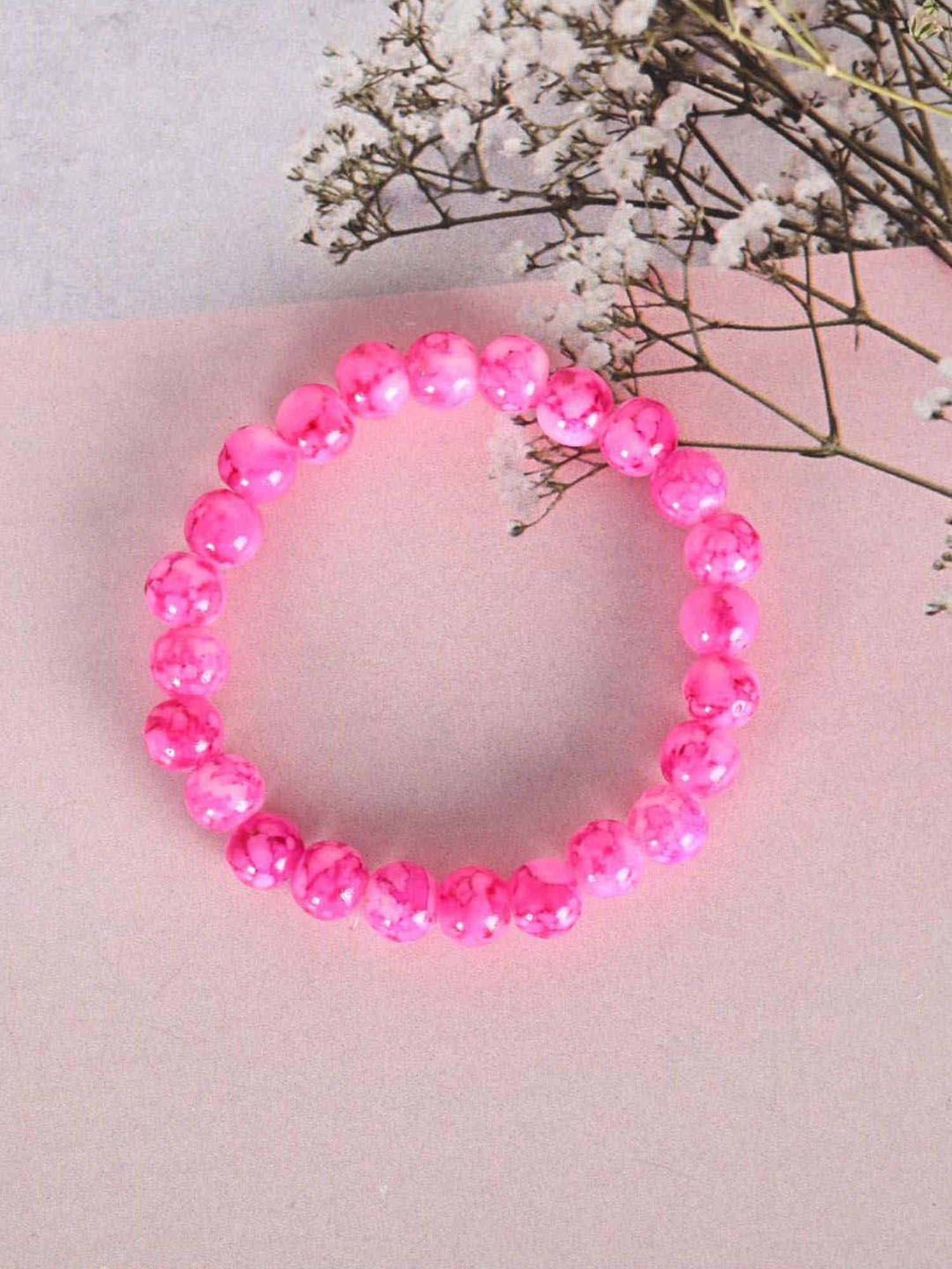 NVR Pink Marble Crystal Beaded Elasticated Bracelet for Unisex