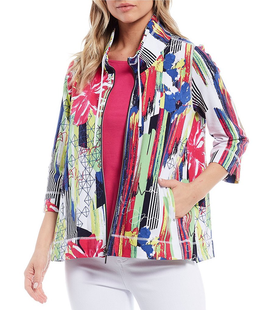 Multiples Petite Size Multicolor Floral Placement Abstract Print Drawstring Collar Zipper Front Baby French Terry Jacket