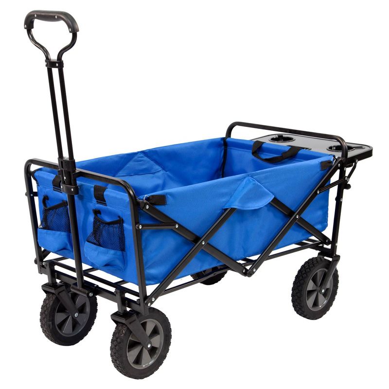 Mac Sports Heavy Duty Steel Frame Collapsible Folding 150 Pound Capacity Outdoor Garden Utility Wagon Yard Cart with Table and Cup Holders, Blue