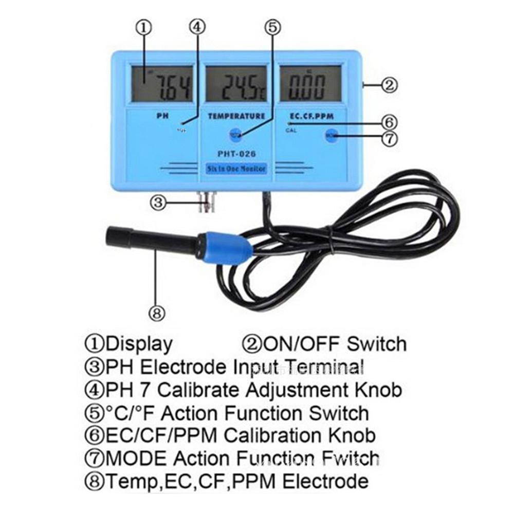 6in1 Meter Monitor EC CF TDS Water Quality Tester Aquarium PHT-026