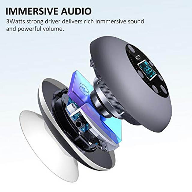 Shower Speaker, Bluetooth Shower Speaker Water Resistant with LCD Clock Display, Loud HD Sound, Suction Cup, HOTT Shower Radio with 10H Playtime, FM, SD Card, Microphone, Free Call for iPhone