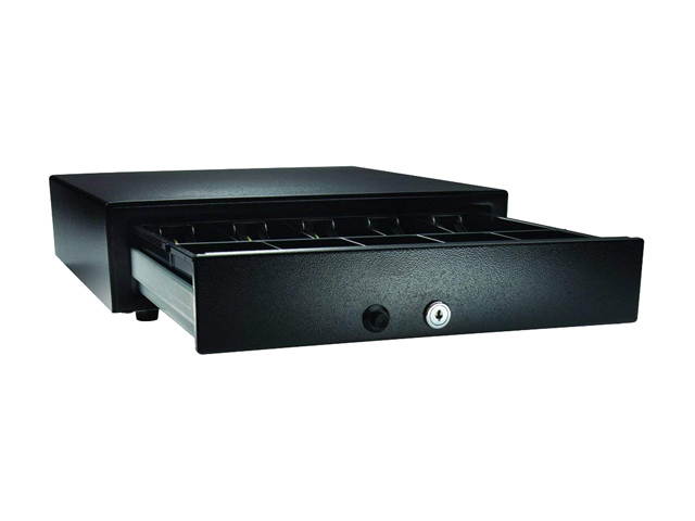 APG Vasario Series Standard Duty Cash Drawer, 14&rdquo; x 16&rdquo;, No Media Slot, Manual, Push Button, Adjustable 4X5 Till, Painted Front, Black, No Cable Required - VP101-BL1416