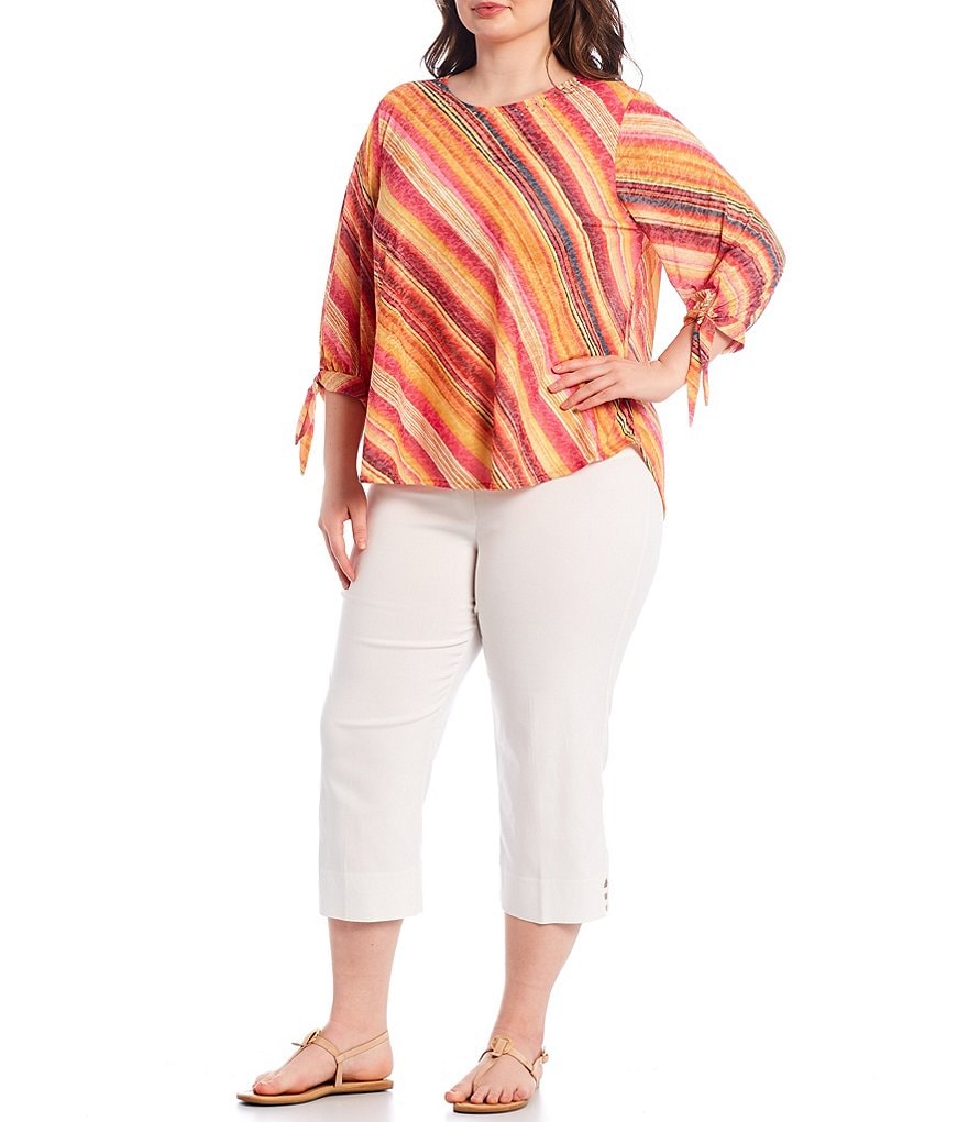 Ruby Rd. Plus Size Embellished Watercolor Stripe Jewel Neck Bow Cuff 3/4 Sleeve Top