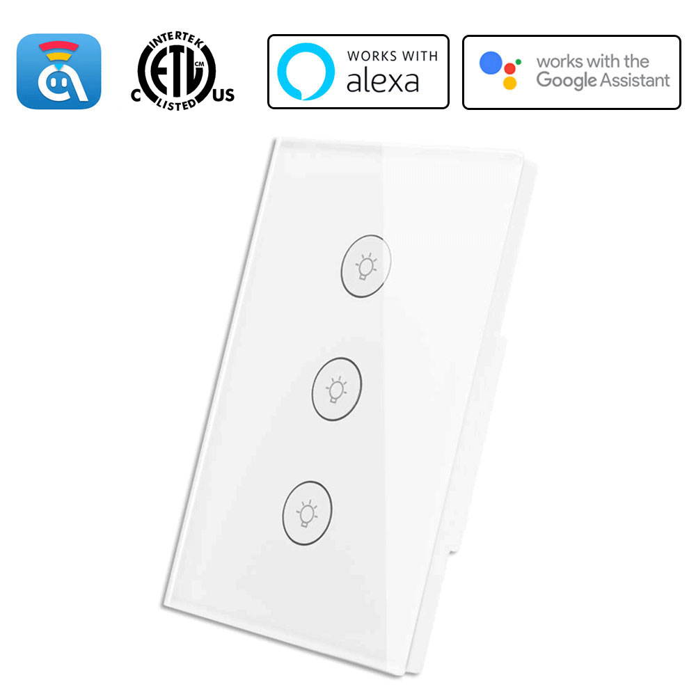 Avatar Controls Smart WiFi Wall Light Touch Panel Switch, Remote Control with Smart Phone, No Hub Required, AC 110-240V, Compatible with Alexa Echo, Works with Google Home, Wall Switch 3 Gang