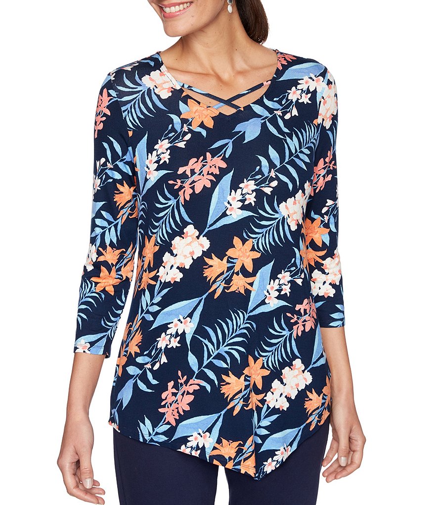 Ruby Rd. Diagonal Tropical Print Crisscross V-Neck Pointed Hem Top