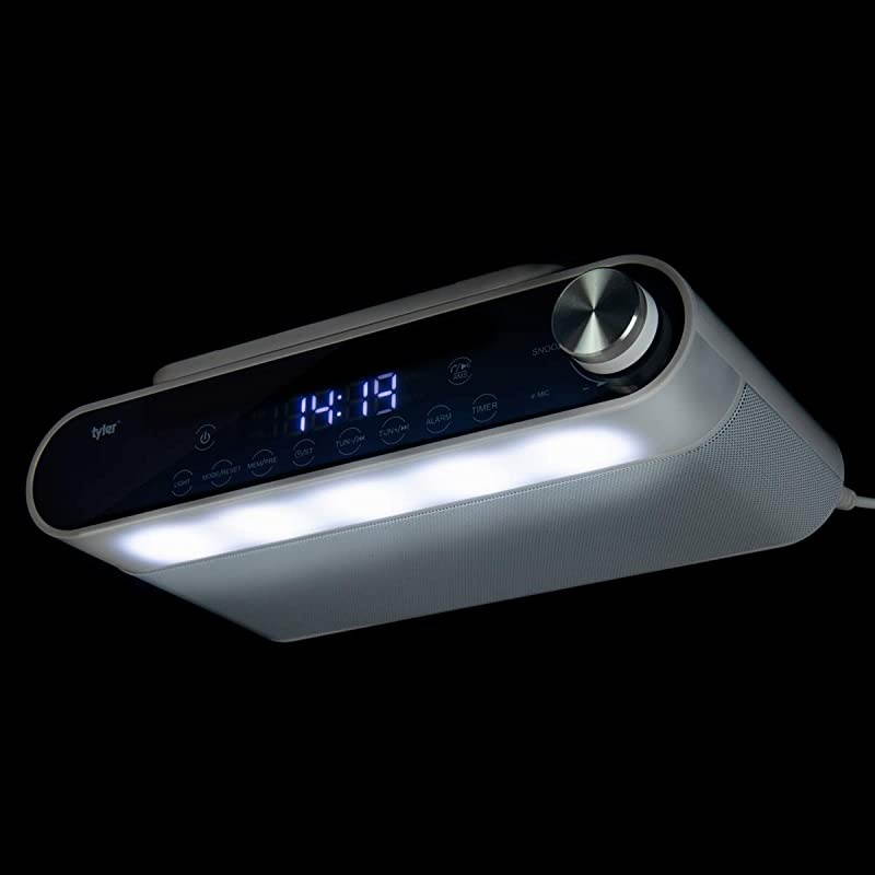 Bluetooth Under The Cabinet Universal Wireless Music System, Kitchen Clock Radio, FM Radio, Digital Clock, Hands Free Speakerphone, LED Work Surface Lighting - White (TKS2-WH)