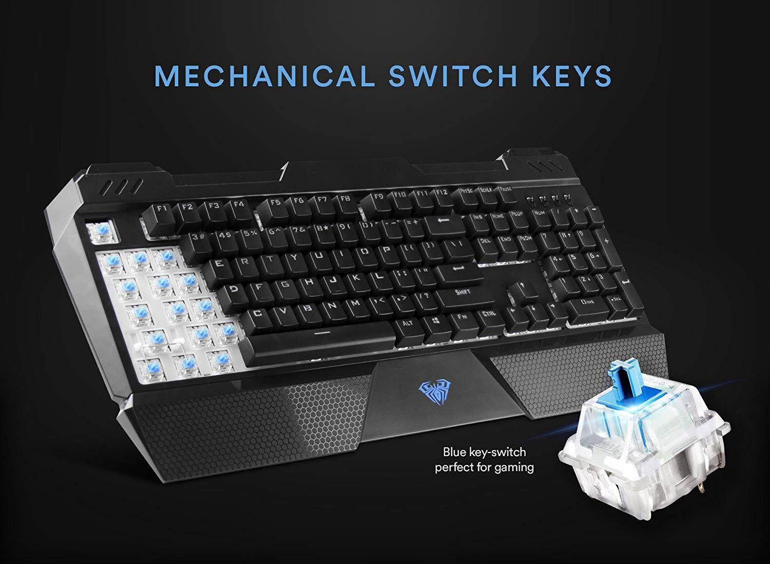 AULA Sapphire LED Backlit Mechanical Gaming Keyboard with Blue Switch, 104 Keys Ergonomic keyboard USB Wired Keyboard for Computer