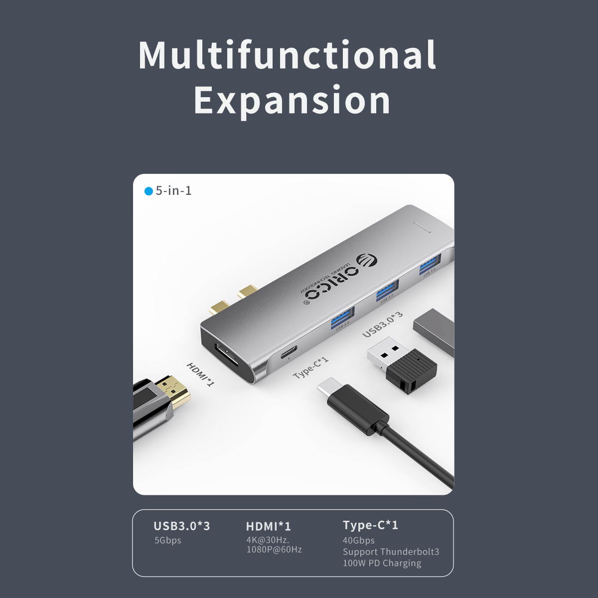 ORICO USB C Hub, 5-in-1 Type-C to HDMI Adapter With 100W Power Delivery Type C Charging Port, 3 USB 3.0 Ports Adapter Compatible for MacBook and Other USB C Laptops
