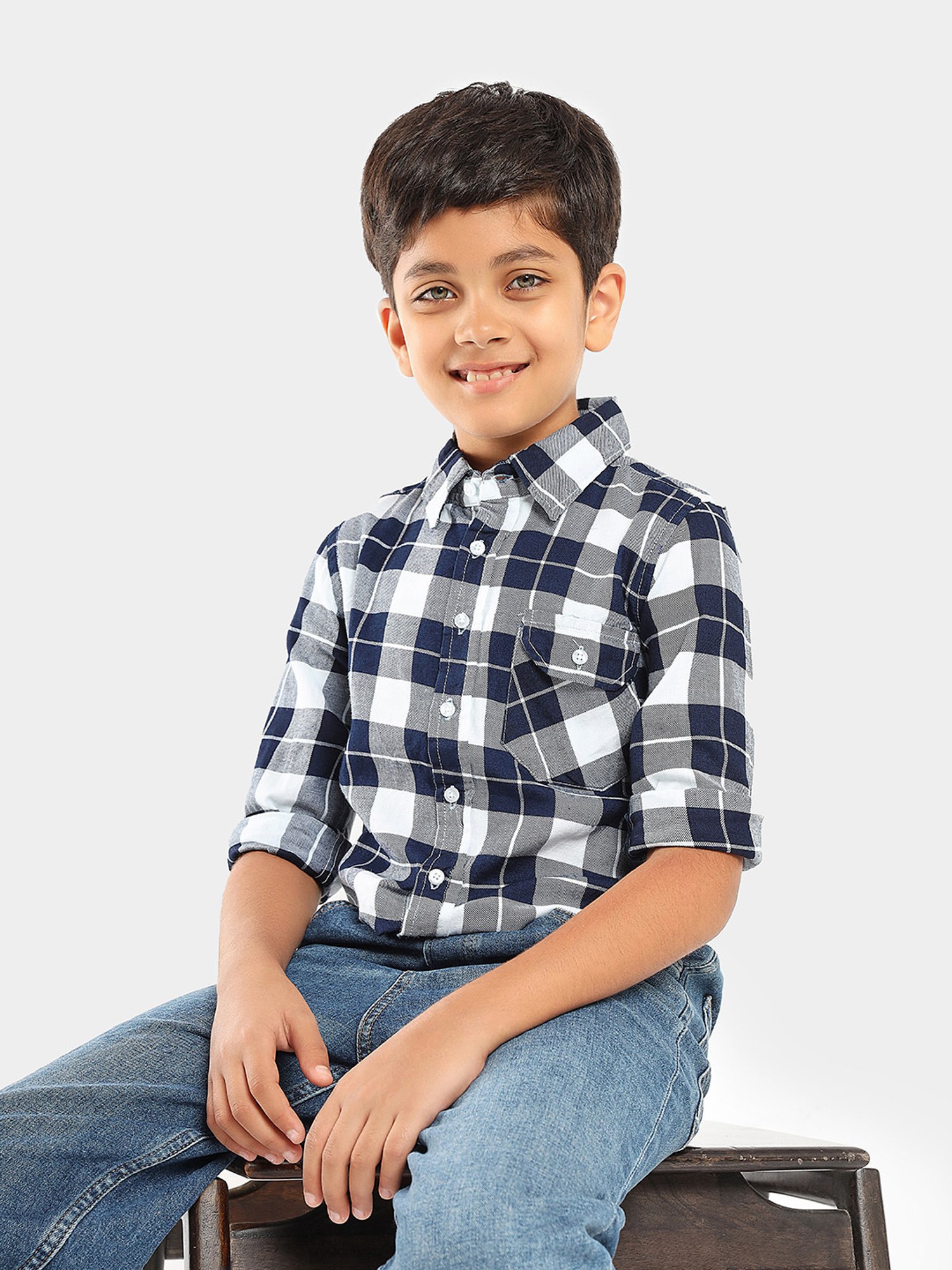 LilPicks Kids White & Navy Checks Shirt