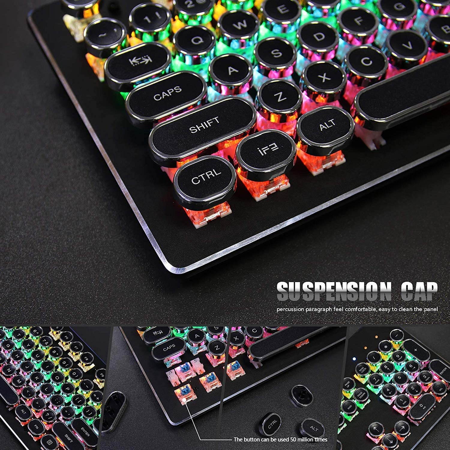 USB LED Backlit Retro Typewriter Mechanical Keyboard -Blue Switch - Round Keycaps -104 Keys Vintage Inspired Steampunk Gaming Keyboard Mechanical Gaming Keyboard for PC/Mac/Gamer/Typ