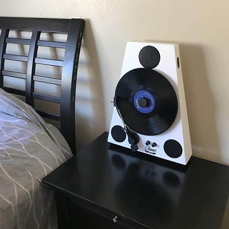 Vertical Bluetooth Turntable 3 Speed Record Player Auto Stop Feature Amplified Triple Builtin Stereo Speakers Headphone Jack Input and RCA Outputs White
