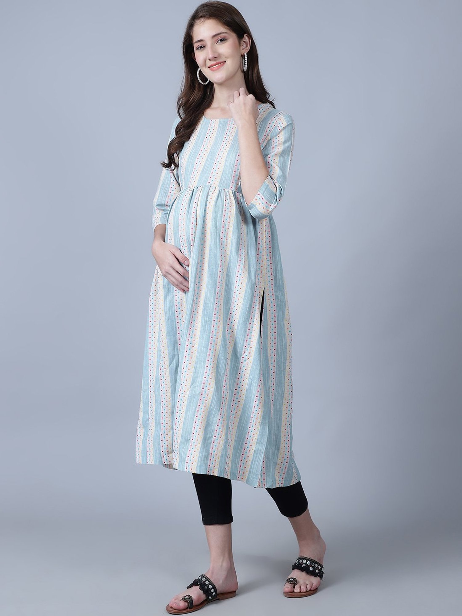 Moms Maternity Sea Green Striped Maternity Kurta