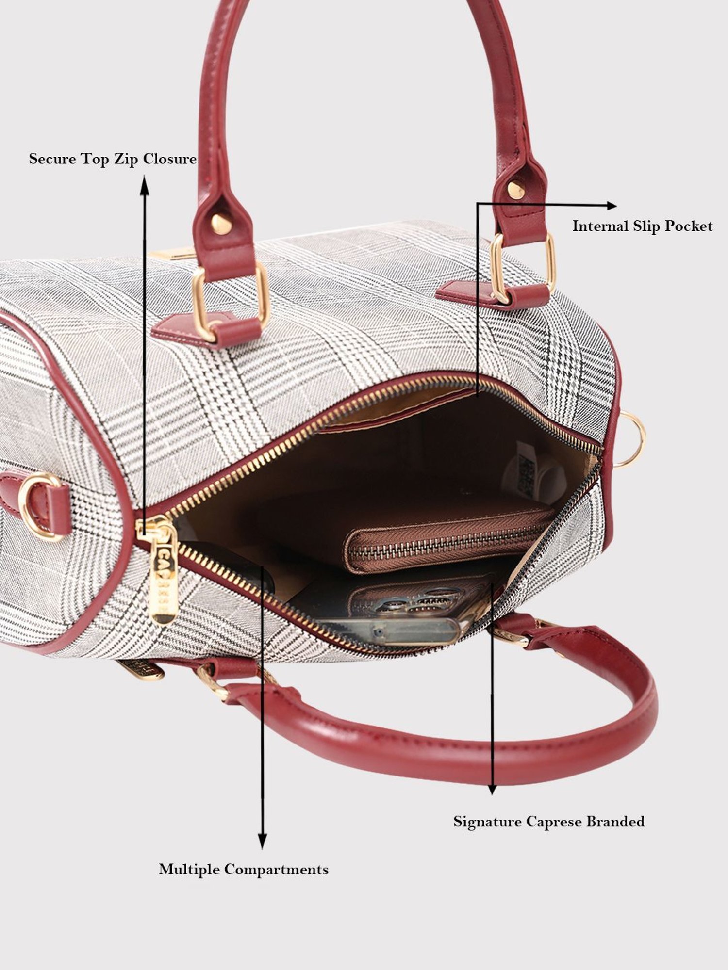 Caprese Remi Grey Faux Leather Checks Handbag