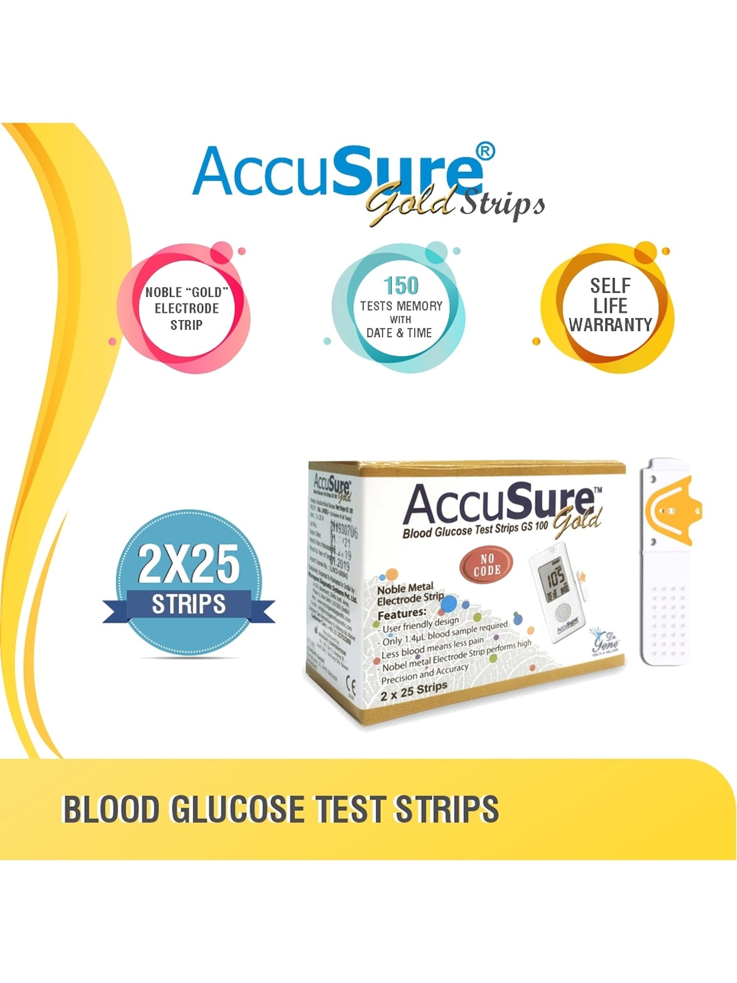 AccuSure Gold Glucometer Test Strips, Pack of 2 | 50 Glucometer Strips