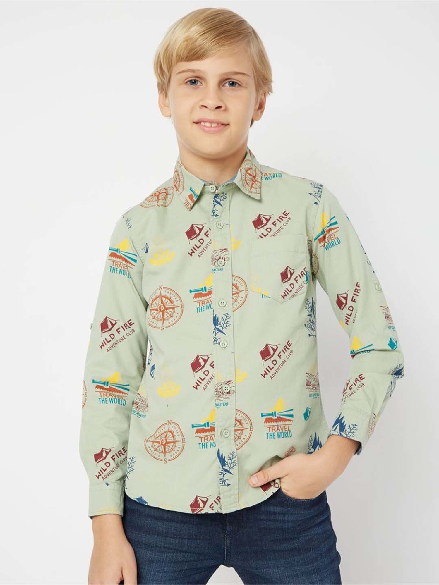 Gas Kids Sage green Cotton Printed Full Sleeves Shirt