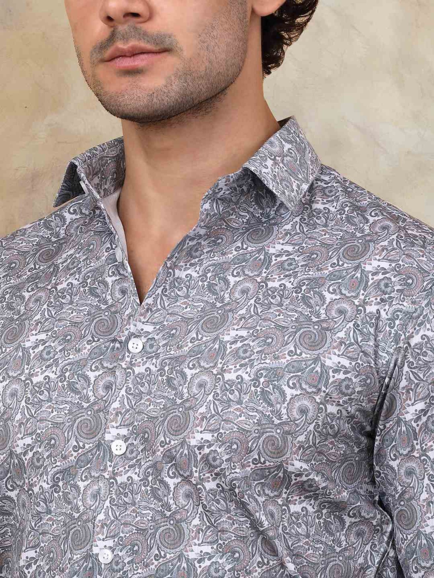 Indian Needle Grey Ragular Fit Printed Shirt