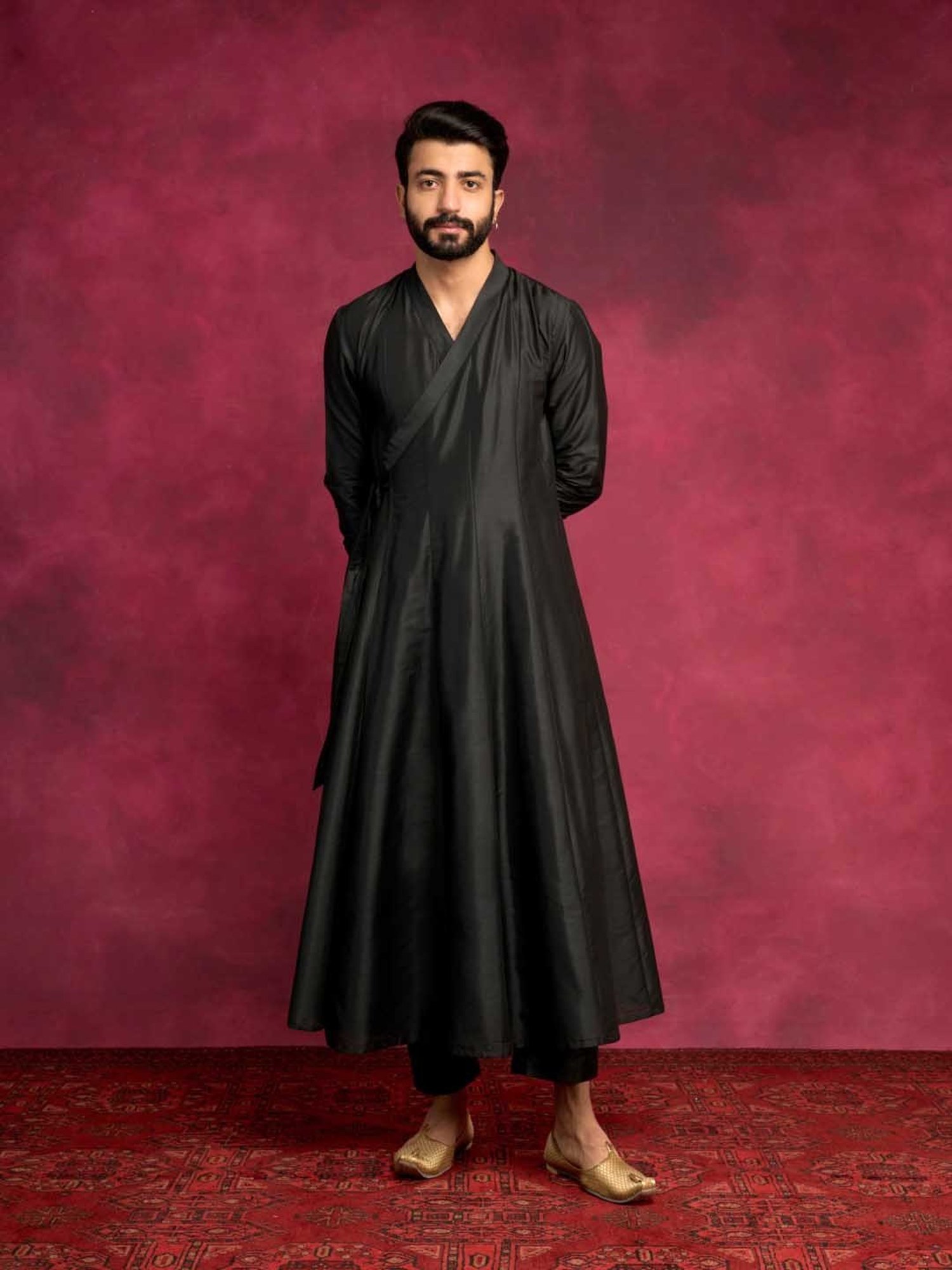 Abhishti Black Comfort Fit Paneled Angrakha Kurta & Straight Pants Set