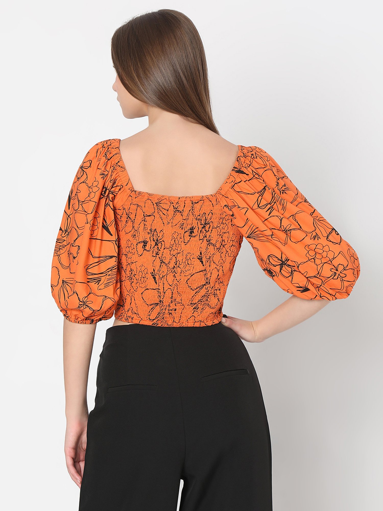 Vero Moda Orange & Black Printed Crop Top