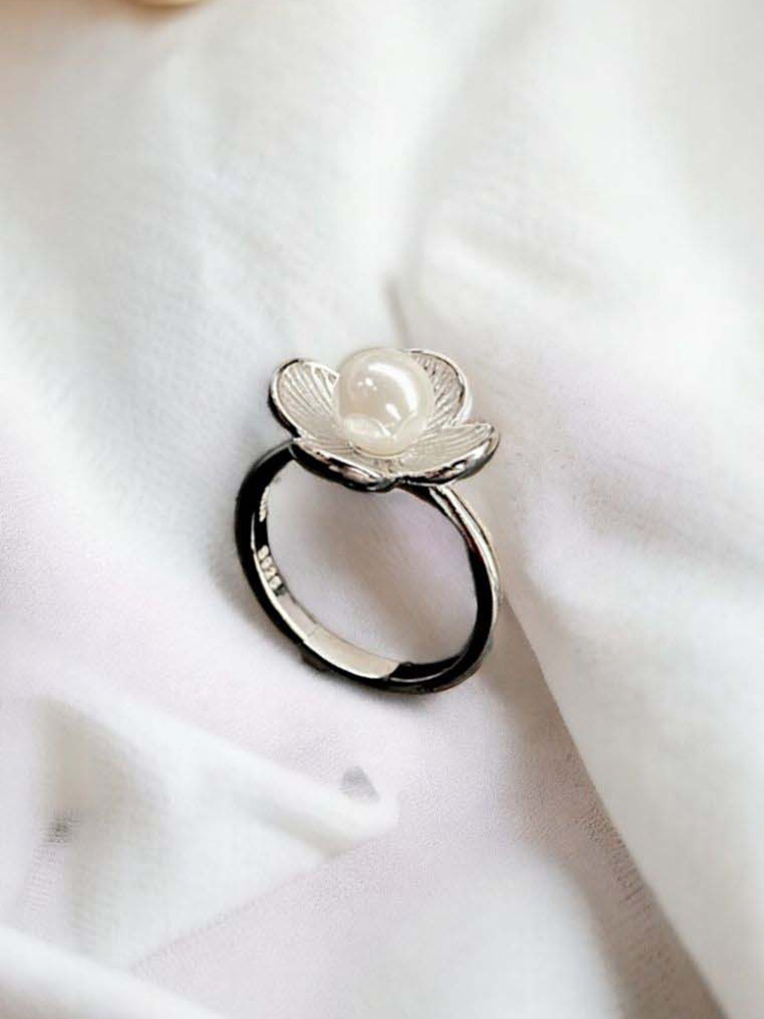 Rihi by P.C. Chandra Jewellers 925 Silver Pearl In Flower Ring Women & Girls