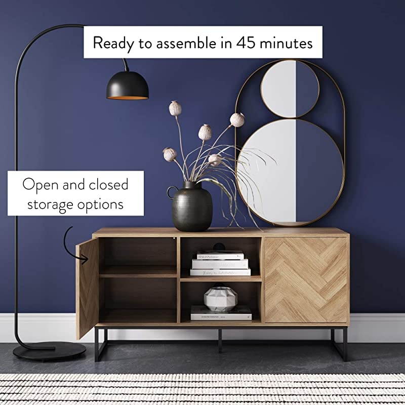 Dylan Media Console Cabinet or TV Stand with Doors for Hidden Storage in a Natural Reclaimed Herringbone Wood Pattern and Metal, Oak/Matte Black