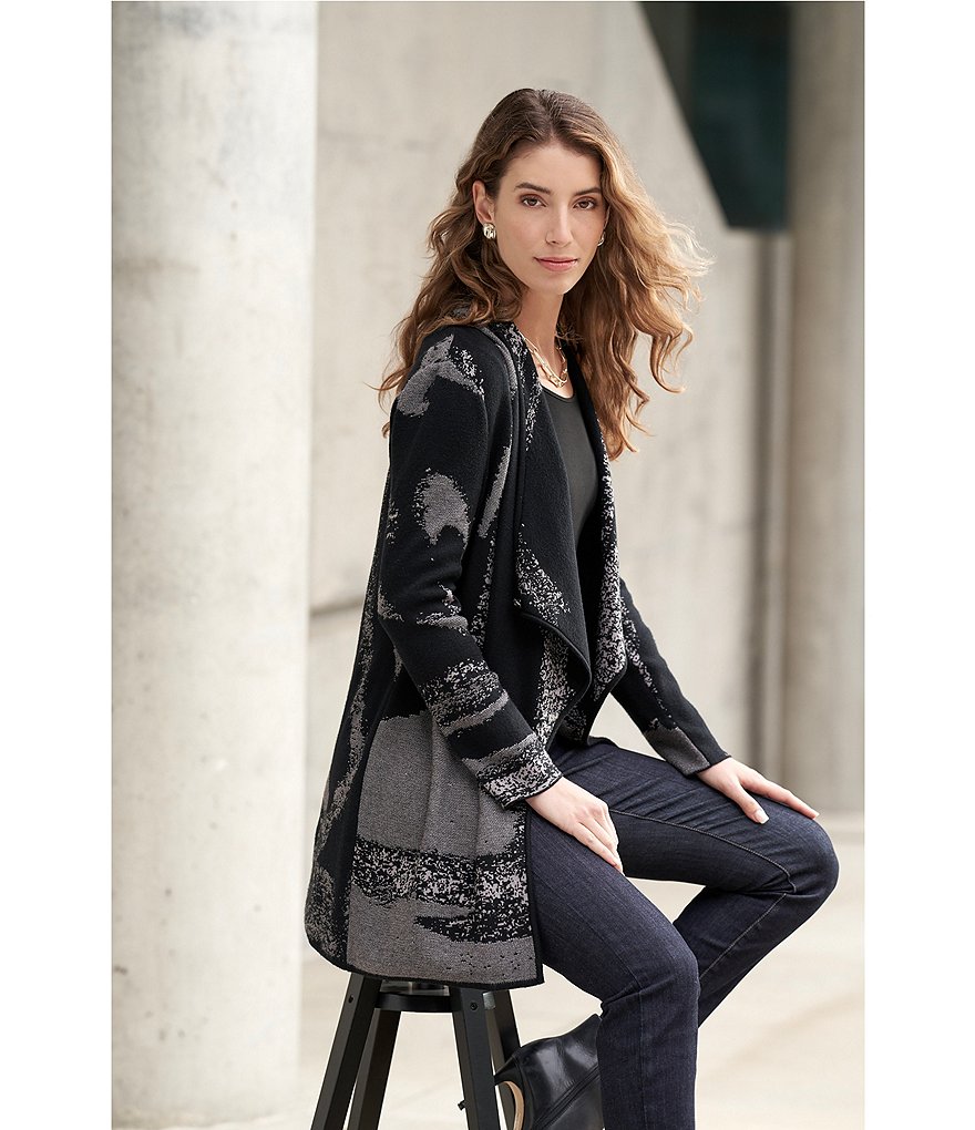 Ming Wang Abstract Pattern Shawl Collar Neck Long Sleeve Knit Cardigan