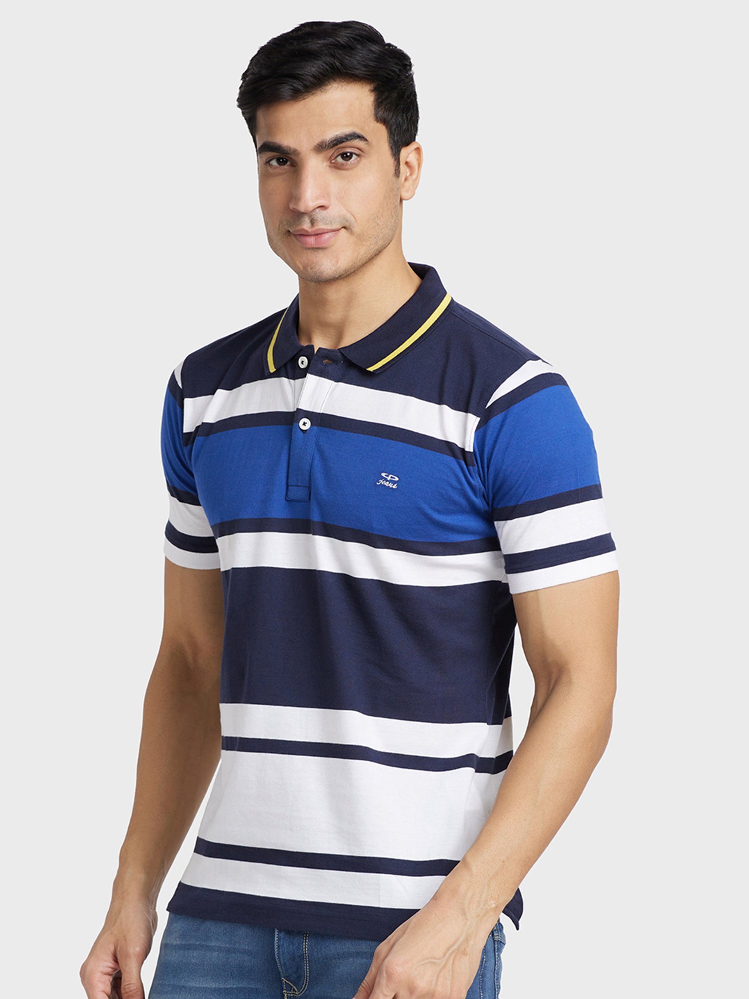 Colorplus Blue Cotton Tailored Fit Striped Polo T-Shirt