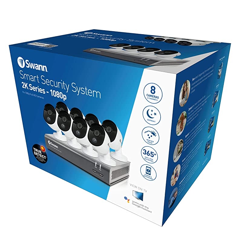 Home Security Camera System, 8 Channel 8 Bullet Cameras, 1080p HD DVR, Indoor/Outdoor Wired Surveillance CCTV, Night Vision, Heat & Motion Sensing, Alexa + Google, 1TB Hard Drive, SWDVK-845808V