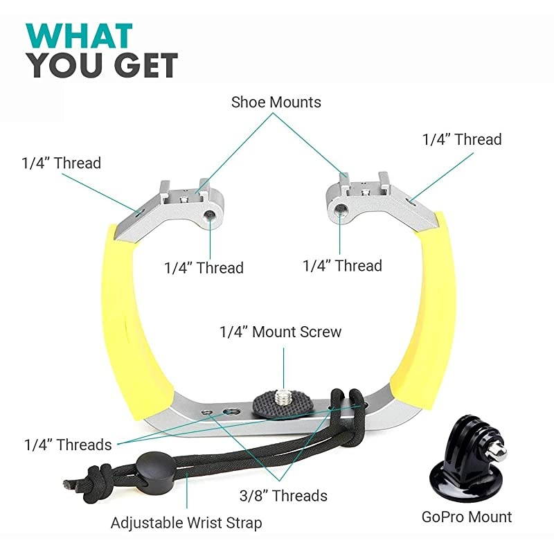 GBU70Y Underwater Diving Rig for GoPro Hero with Cold Shoe Mounts Wrist Strap Works with HERO3 HERO4 HERO5 HERO6 HERO7 HERO8 and Waterproof Action Cam Scuba GoPro Accessory Yellow