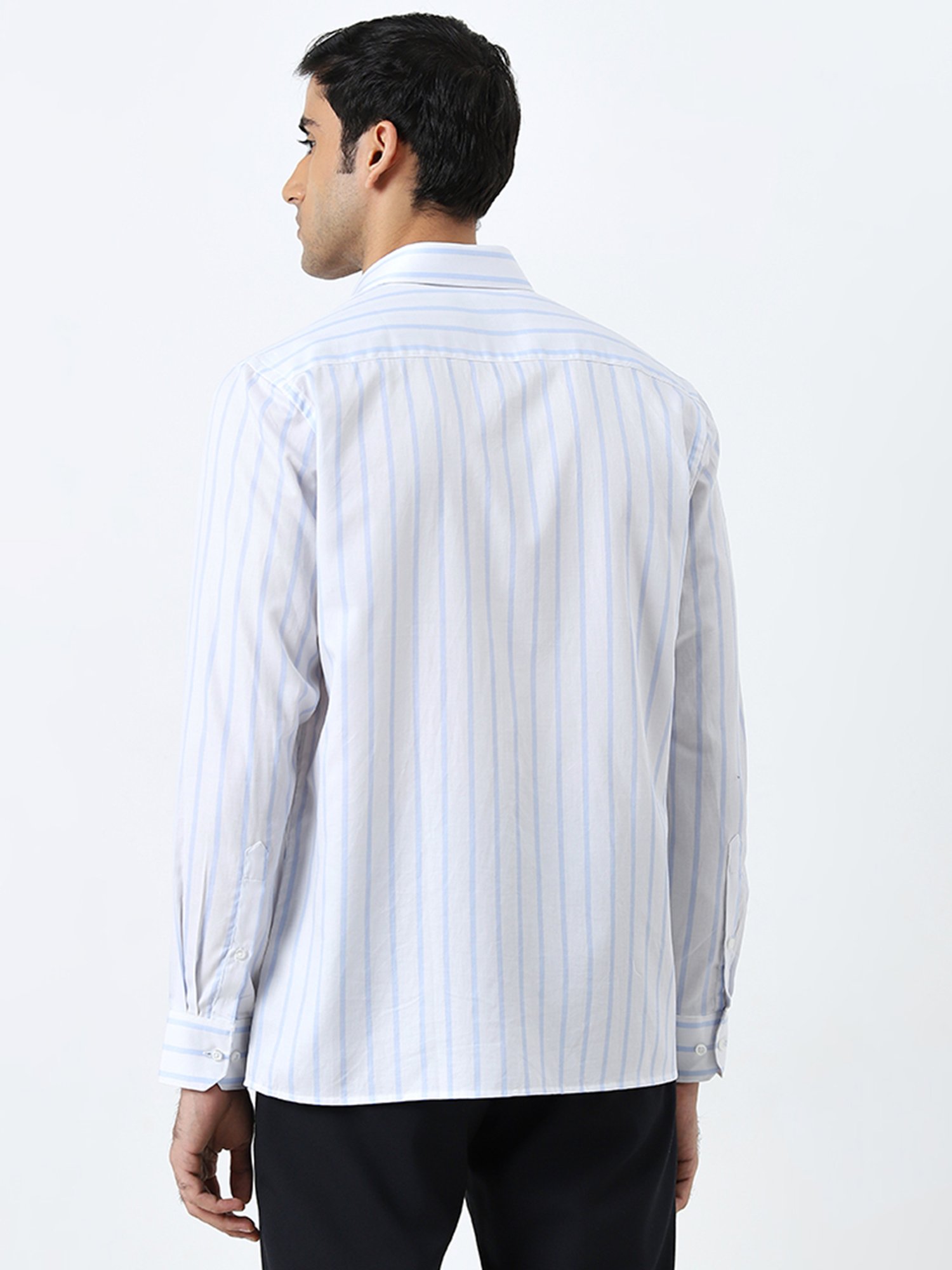 WES Formals by Westside Light Blue Striped Slim-Fit Cotton Shirt