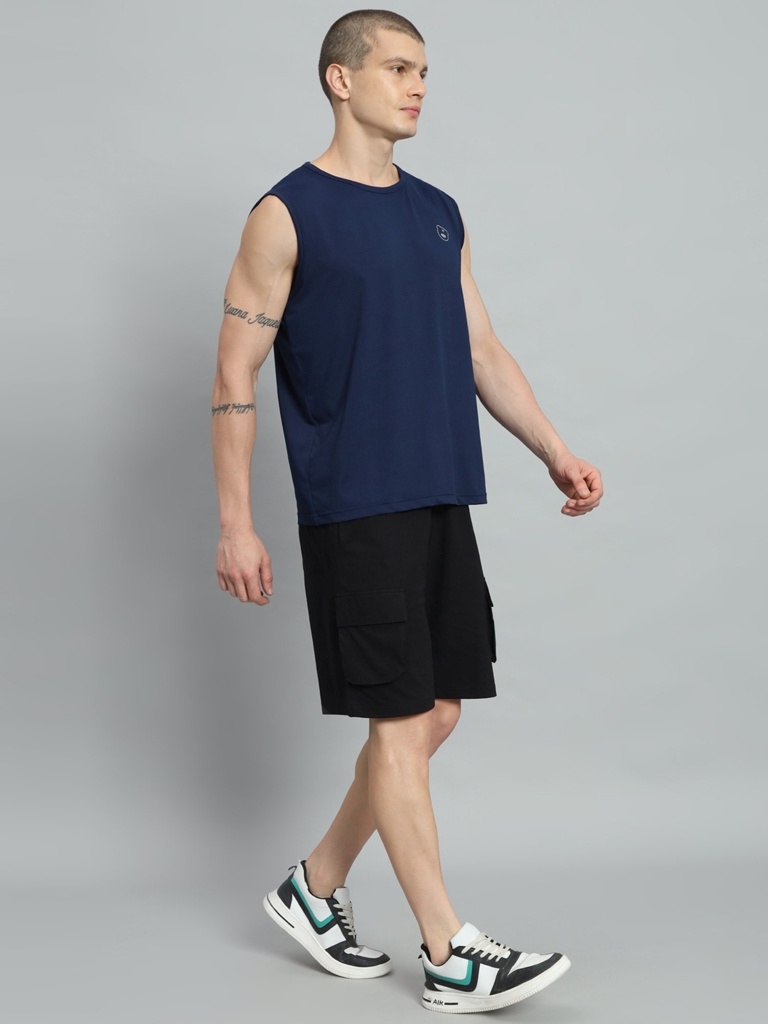 Griffel Navy Blue Cotton Loose Fit Printed T-Shirt