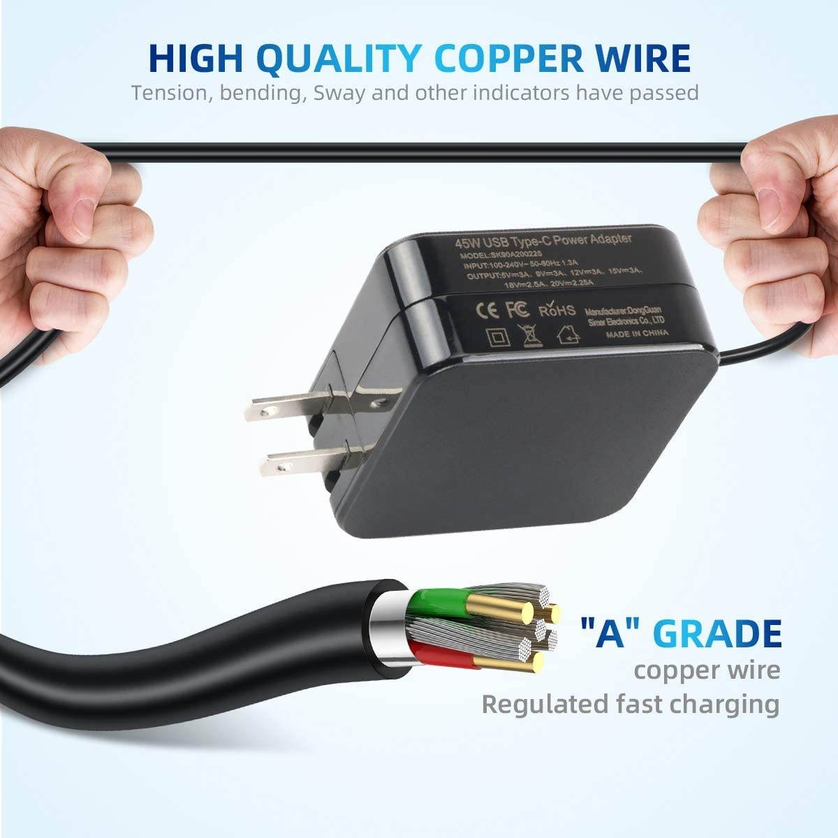 45W Type C Quick Charger for Asus Chromebook C302CA C302C C302 C101PA C101P C101 C213SA C213S C213 C523NA C523N C523 C214MA C214M C223NA C223N C423NA C204MA Flip Laptop Power Supply Adapter Cord