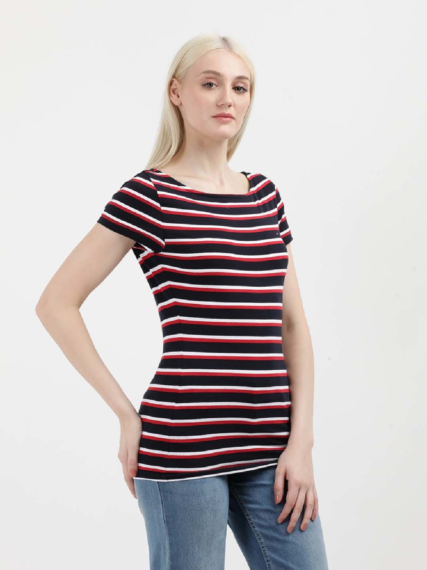 TOMMY HILFIGER Navy & White Cotton Striped Top