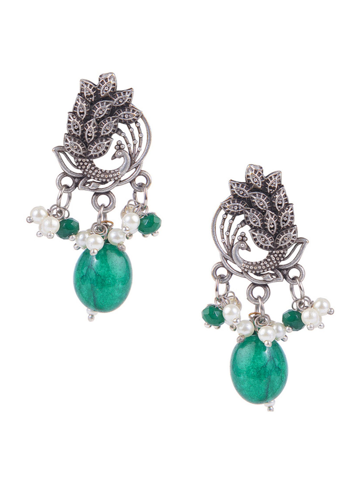 Curio Cottage Aria Oxidized Green Stone & Pearl Embellished Choker Necklace & Earring Set