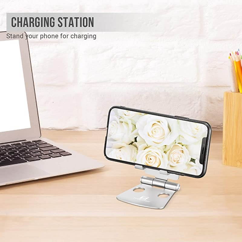 Adjustable Cell Phone Stand  Desk Phone Holder Portable Small Size Dual Angle Desktop Dock Compatible with iPhone 12 11 XR XS X 8 7 6 Plus Samsung Google Office Home Decor Silver