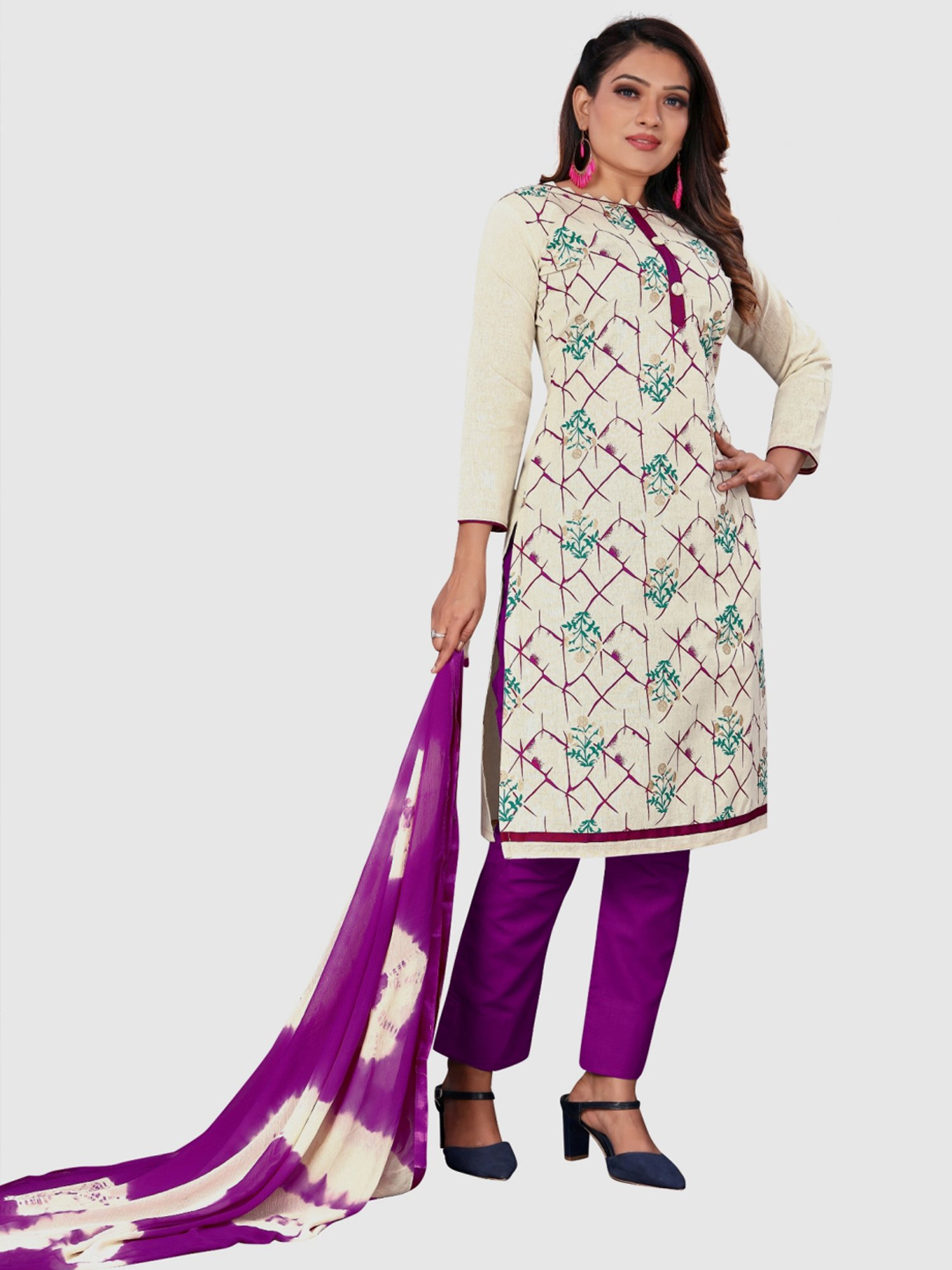 APNISHA Beige & Purple Cotton Printed Unstitched Dress Material